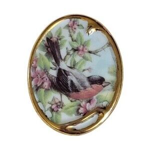 Vintage HandPainted Porcelain Robin Red Breast Cherry Blossom Brooch Pin England